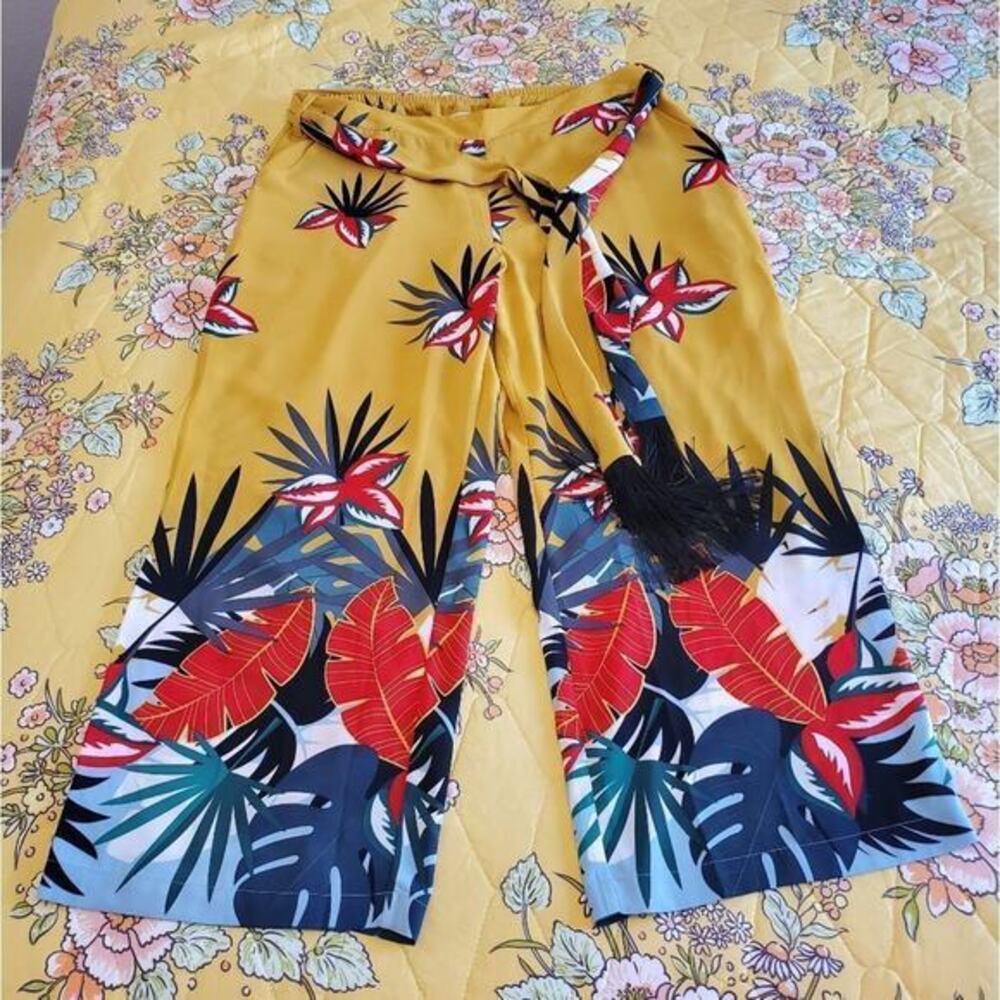 Soft Surroundings floral wide leg palazzo pants fringed belt size XL
